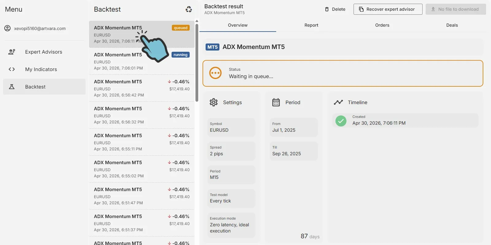 Backtest detail - Select a backtest so you can view more detailed information