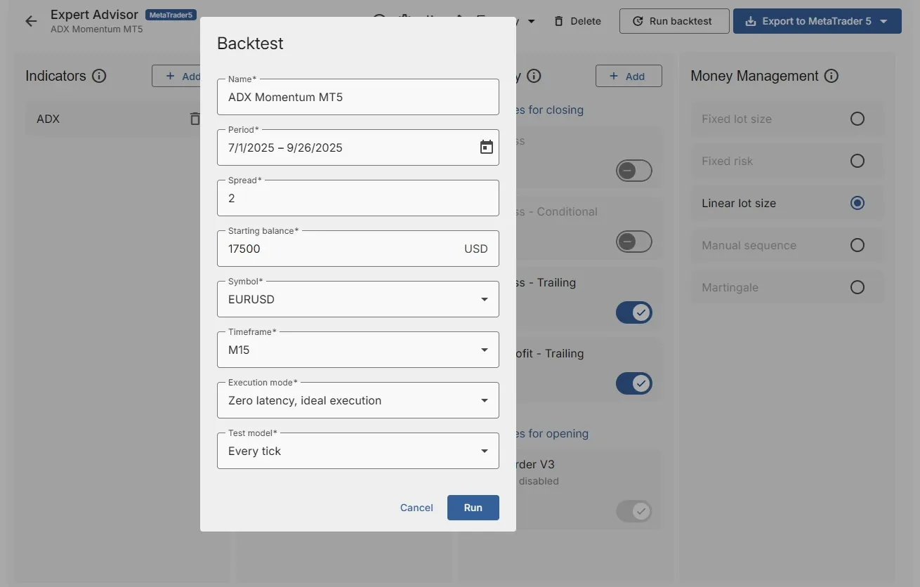 Backtest dialog - configure backtest parameters