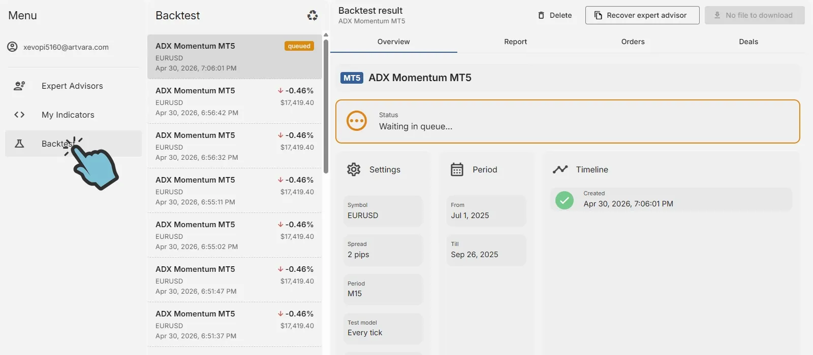 Backtest overview - Backtest waiting in queue to be processed