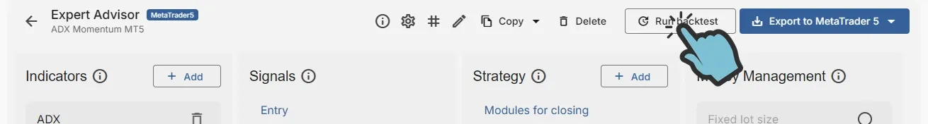 Click 'Run backtest' to open the backtest dialog